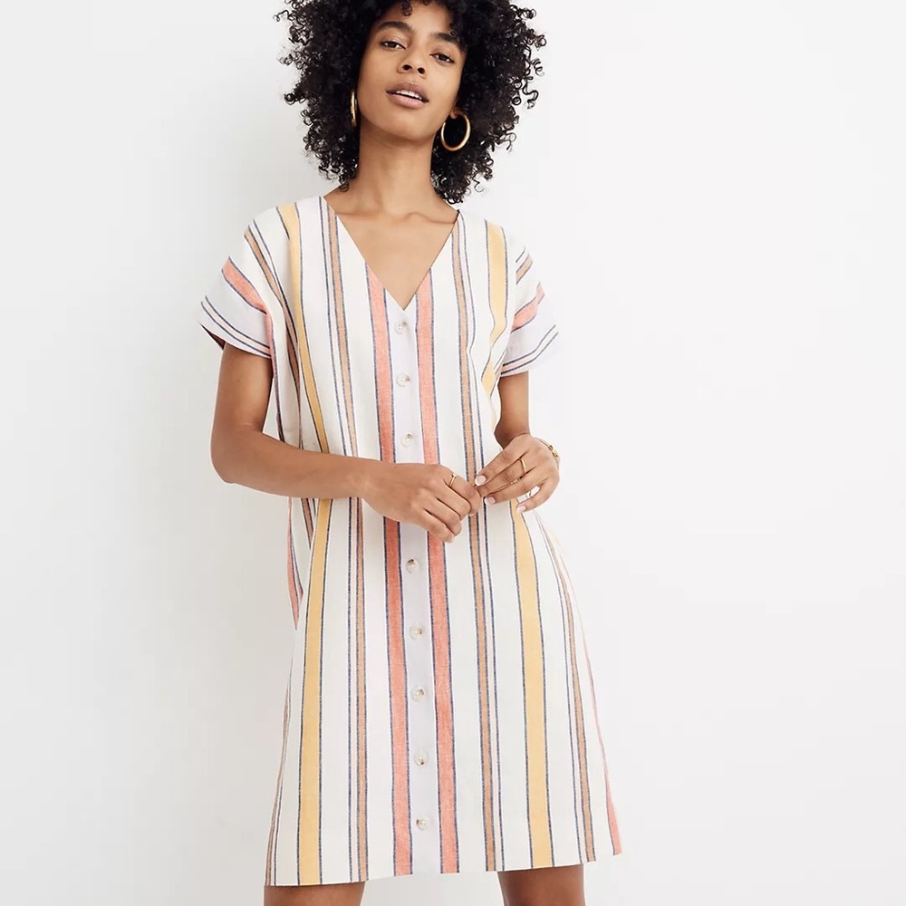 Madewell Size Small Button-Front Easy Dress in Towel Stripe LInen Cotton
